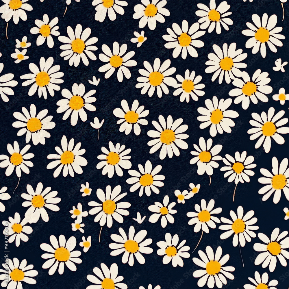 Tiny flat daisies in white with yellow centers, evenly spaced on a deep navy background, creating a simple yet striking floral pattern. Tiny flat daisies in white with yellow centers, evenly spaced on a deep navy background, creating a simple yet striking floral pattern.