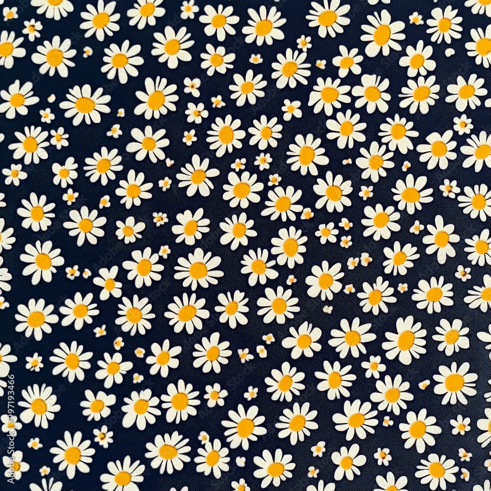Tiny flat daisies in white with yellow centers, evenly spaced on a deep navy background, creating a simple yet striking floral pattern. Tiny flat daisies in white with yellow centers, evenly spaced on a deep navy background, creating a simple yet striking floral pattern.