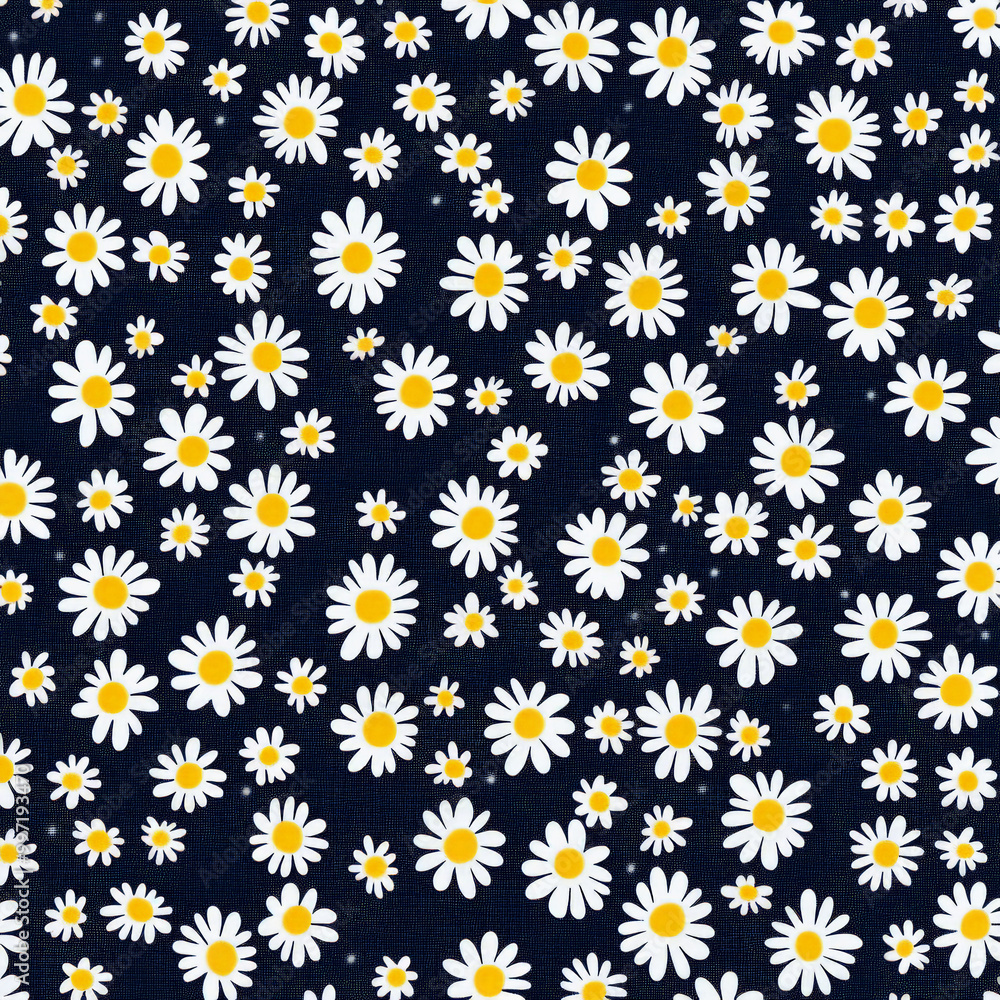 Tiny flat daisies in white with yellow centers, evenly spaced on a deep navy background, creating a simple yet striking floral pattern. Tiny flat daisies in white with yellow centers, evenly spaced on a deep navy background, creating a simple yet striking floral pattern.