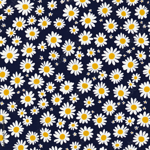 Tiny flat daisies in white with yellow centers, evenly spaced on a deep navy background, creating a simple yet striking floral pattern.