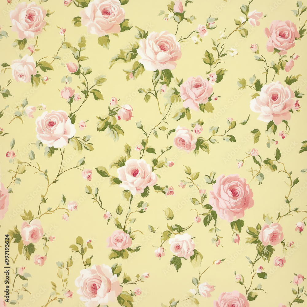 Tiny flat roses in soft pink and white hues, arranged on a pale yellow background, creating a delicate and romantic floral pattern. Tiny flat roses in soft pink and white hues, arranged on a pale yellow background, creating a delicate and romantic floral pattern.
