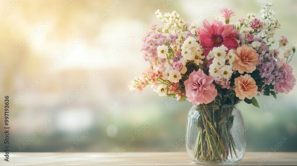 The vibrant bouquet features various flowers in a clear vase, enhancing the lightwood table with its cheerful colors and natural beauty. Generative AI The vibrant bouquet features various flowers in a clear vase, enhancing the lightwood table with its cheerful colors and natural beauty. Generative AI