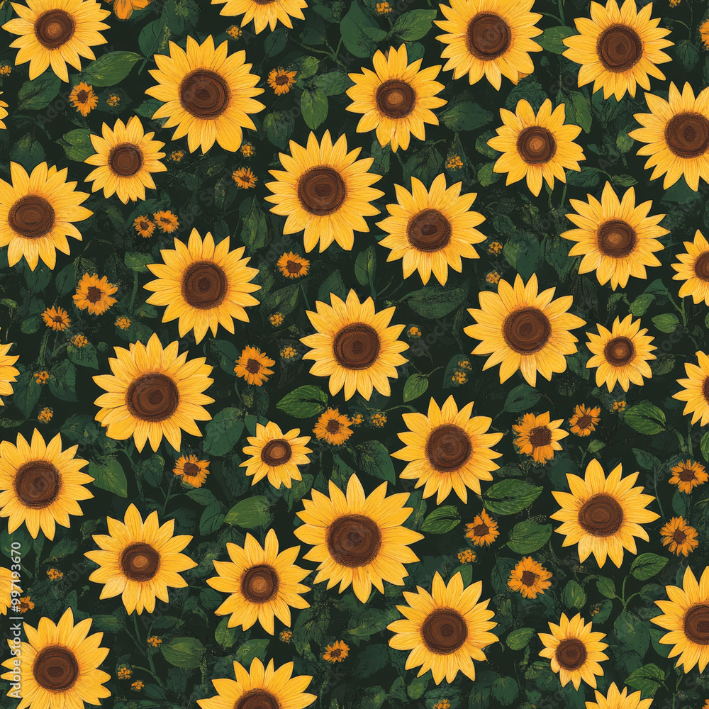 Tiny flat sunflowers with yellow petals and brown centers, arranged in a seamless pattern on a deep forest green background, creating a bold and vibrant look. Tiny flat sunflowers with yellow petals and brown centers, arranged in a seamless pattern on a deep forest green background, creating a bold and vibrant look.