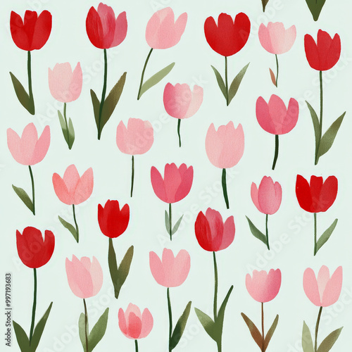 Tiny flat tulips in shades of pink and red, arranged in a repeating pattern on a pale mint background, creating a fresh and modern floral design.