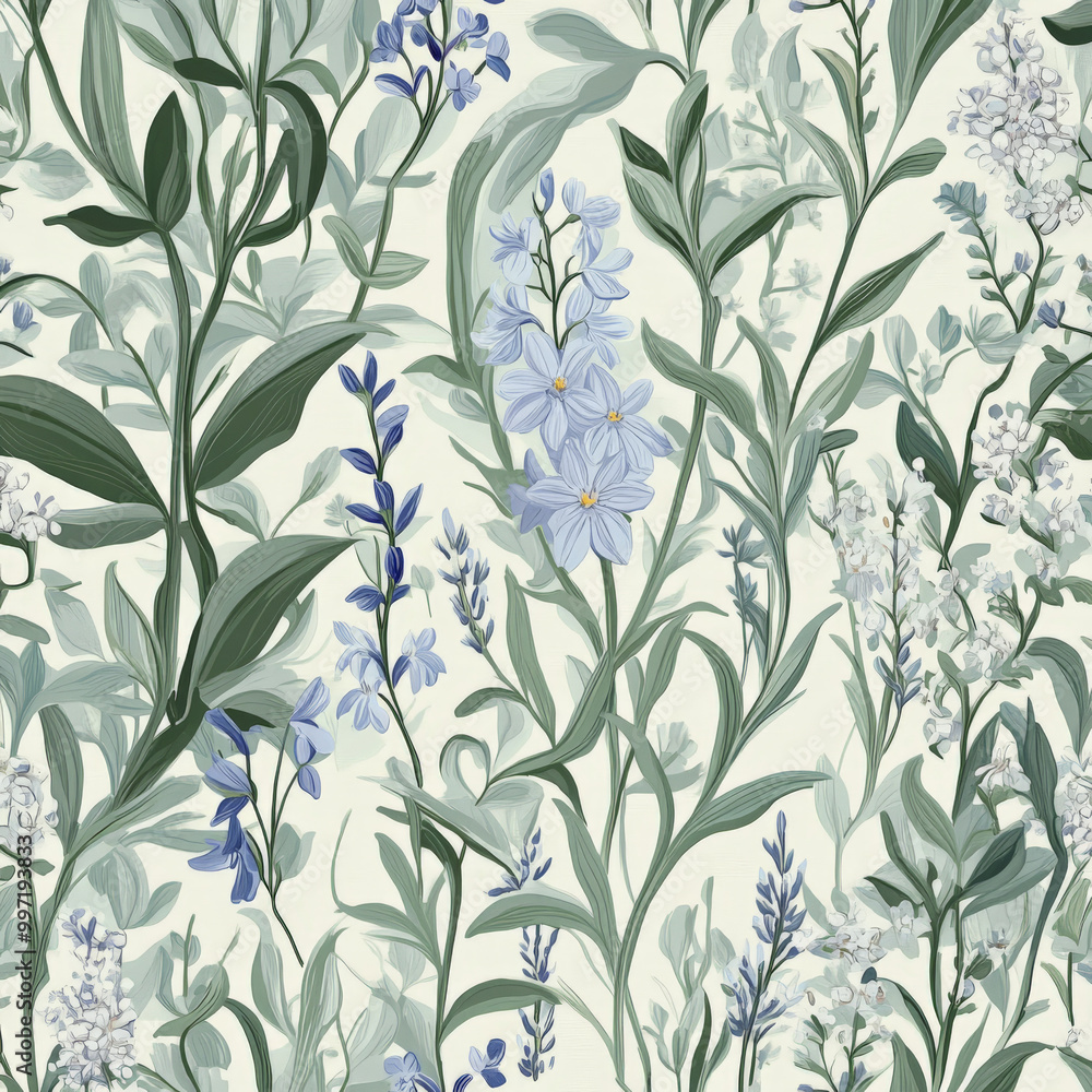 A detailed floral arrangement of small bluebells and lavender, softened with pastel tones, surrounded by delicate green foliage in a refined, peaceful pattern. A detailed floral arrangement of small bluebells and lavender, softened with pastel tones, surrounded by delicate green foliage in a refined, peaceful pattern.