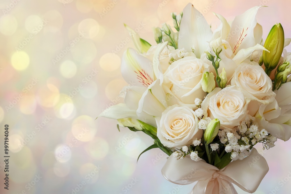 Obraz premium A delicate arrangement of white roses and lilies tied with a silk ribbon radiates elegance against a soft, dreamy pastel backdrop. Generative AI