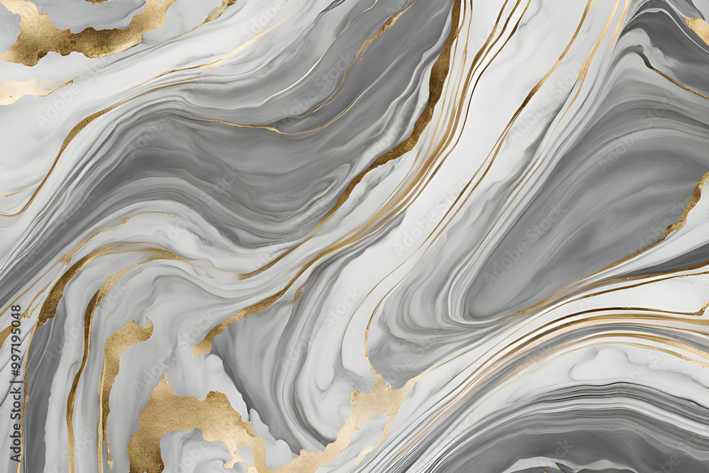 Obraz premium Wall background emulating the elegant look of marble featuring swirling patterns in shades of white gray and gold for a luxurious touch