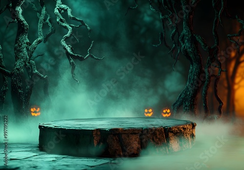 Halloween podium. Stand show and showcase with halloween concept. Stage With pumpkin for promo and discount. Happy halloween celebration holiday banner concepts. photo