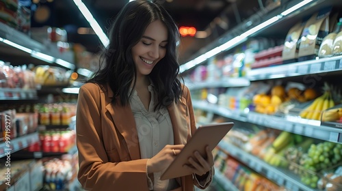 A woman smiles while using a tablet in a grocery store aisle filled with fresh produce and products.