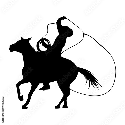 vector silhouette Cowboy riding horse with lasso