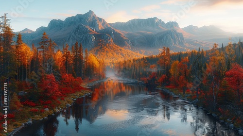 Scenic Autumn Landscape with Colorful Forests and Mountains 