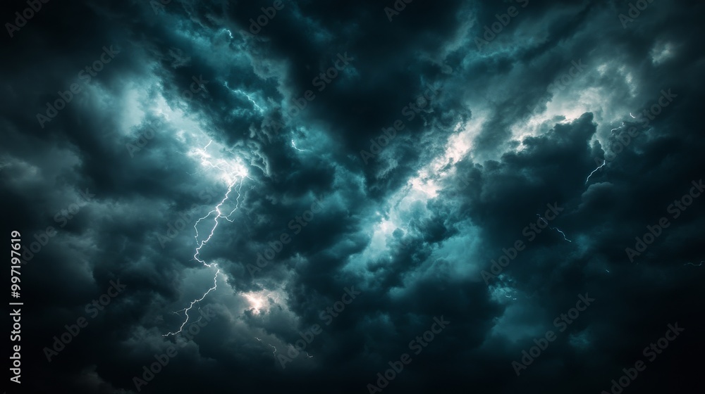 Dark storm clouds gather ominously as bolts of lightning streak through the sky, creating a dramatic and intense atmosphere during a nighttime storm Dark storm clouds gather ominously as bolts of lightning streak through the sky, creating a dramatic and intense atmosphere during a nighttime storm