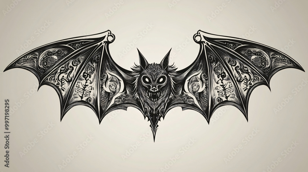 Fototapeta premium An ornate bat design with tribal and mystical symbols intricately engraved along its wings.