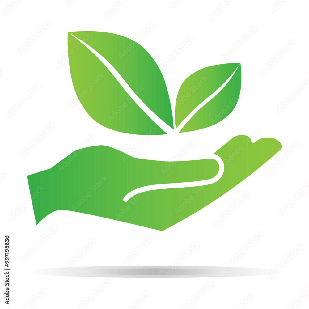 Green leaves in hand, bio icon symbol. Hand with eco green leaf icon Bio nature symbol for web, print. Green energy concept. Element of nature protection icon. Care eco bio. Environmental concept.