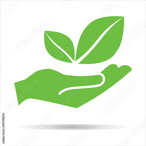 Green leaves in hand, bio icon symbol. Hand with eco green leaf icon Bio nature symbol for web, print. Green energy concept. Element of nature protection icon. Care eco bio. Environmental concept.