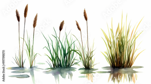 Sedge reeds swamp plant set, watercolor set. Wetlands. Illustration