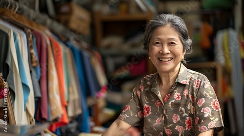 A smiling elderly woman stands in a colorful fabric shop, surrounded by various textiles and materials.