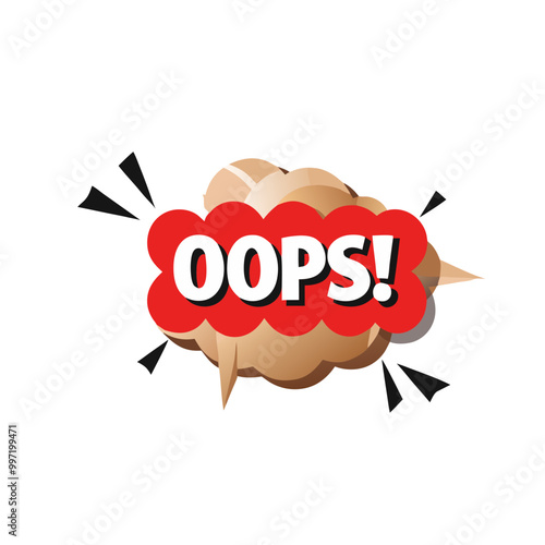 Oops speech bubble illustration with red and beige accents on a black background