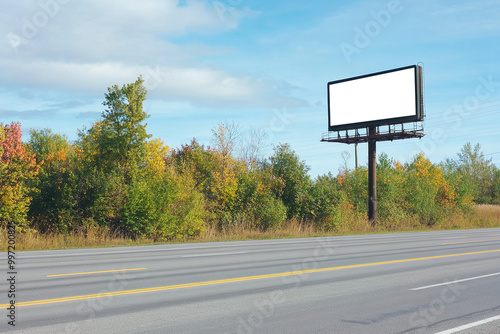 White billboard on roadside with green trees in the background