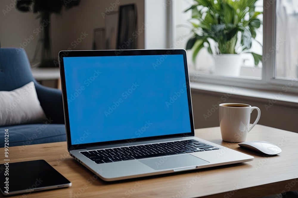 Laptop Holding with Blank Blue Screen - Isolated Mockup for Website Development and Marketing Laptop Holding with Blank Blue Screen - Isolated Mockup for Website Development and Marketing