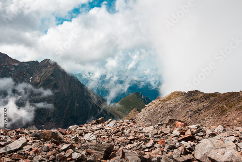 Panorama of alps. Extreme sports in mountains. High resolution photo. Ski, parasailing, climbing, alpinism.