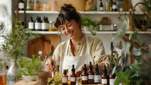 A woman joyfully prepares natural products in a cozy workspace filled with plants and bottles.