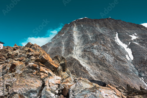 Panorama of alps. Extreme sports in mountains. High resolution photo. Ski, parasailing, climbing, alpinism.