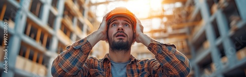 Stressed engineer sitting on construction site stairs with hands on head photo