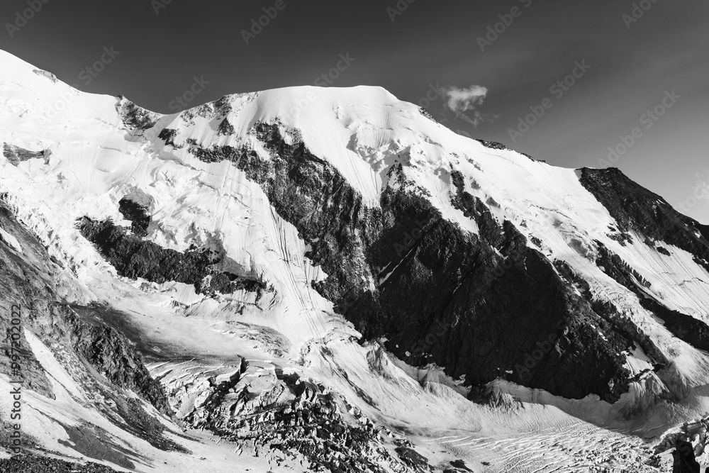 Obraz premium Panorama of alps. Extreme sports in mountains. High resolution photo. Ski, parasailing, climbing, alpinism.