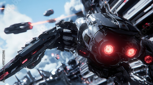 Skybound assault: a futuristic sci-fi adventure in unreal engine mecha anime style. Mecha Battle. Illustration