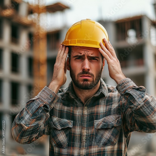 Stressed engineer sitting on construction site stairs with hands on head