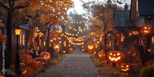 Autumn evening in a quaint neighborhood with jack-o'-lanterns and Halloween decorations glowing brightly