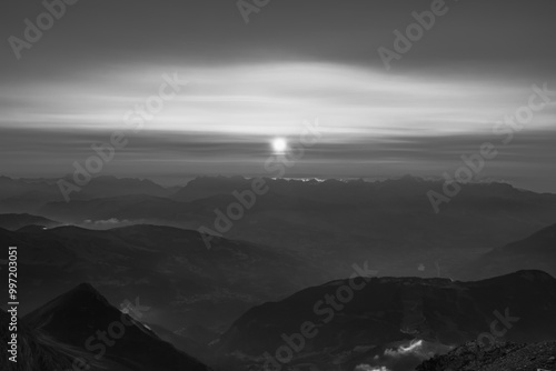 Panorama of alps. Extreme sports in mountains. High resolution photo. Ski, parasailing, climbing, alpinism.