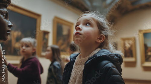 Children walking through an art museum, studying famous works of art with fascination, immersing themselves in the world of creativity and historical masterpieces.