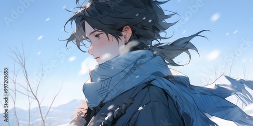 A boy with messy black hair, dressed in a dark blue long-sleeved shirt and a white scarf, stands confidently in the wind on a snowy landscape under a deep blue sky.