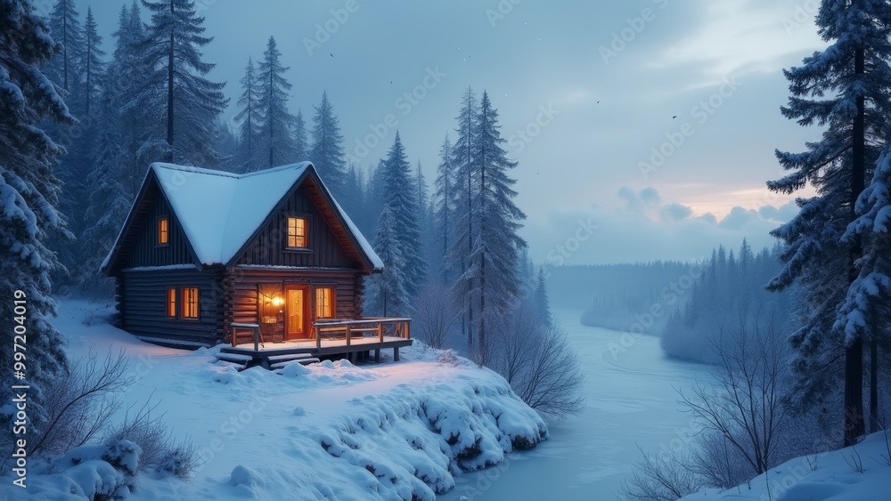 Generative AI, a cabin in the woods with a river running through it and snow on the ground and trees around it, winter, a digital rendering, minimalism Generative AI, a cabin in the woods with a river running through it and snow on the ground and trees around it, winter, a digital rendering, minimalism
