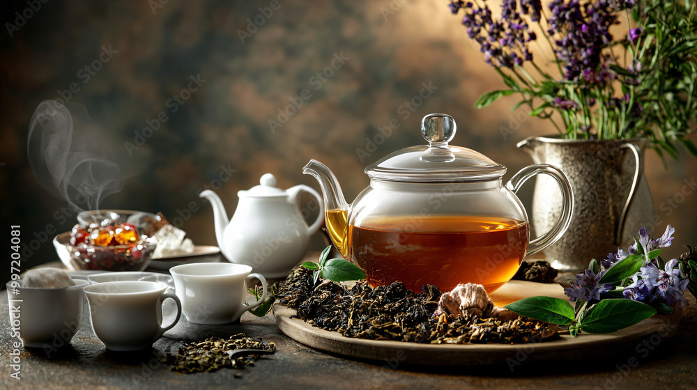 An inviting tea scene with a sleek teapot, stylish cups, and a selection of gourmet teas arranged elegantly. An inviting tea scene with a sleek teapot, stylish cups, and a selection of gourmet teas arranged elegantly.