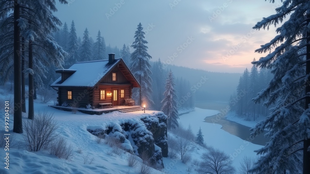 Generative AI, a cabin in the woods with a river running through it and snow on the ground and trees around it, winter, a digital rendering, minimalism Generative AI, a cabin in the woods with a river running through it and snow on the ground and trees around it, winter, a digital rendering, minimalism