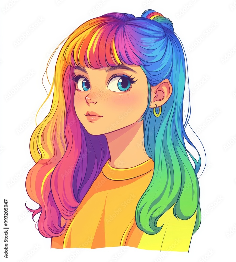 cutest young girl with rainbow hair, against a white background cutest young girl with rainbow hair, against a white background