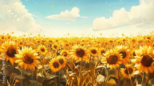 Sunflowers, tall and bright, golden fields turn their faces to follow the sun. Golden Fields. Illustration #997205652