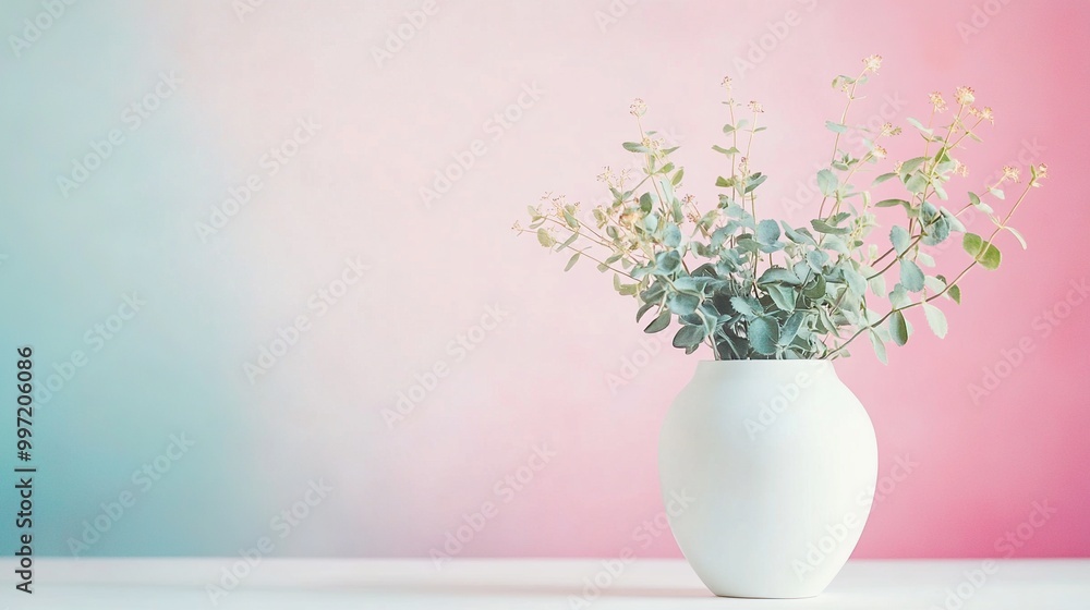 A white vase with greenery against a pastel background. A white vase with greenery against a pastel background.