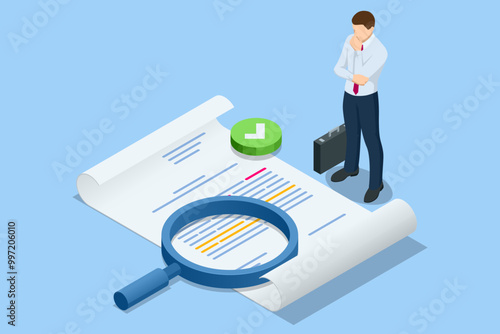 Isometric business analysis, analytics, research. Analytics and monitoring, where a business team tracks a web-based reporting dashboard and conducts data analysis for financial business planning. photo