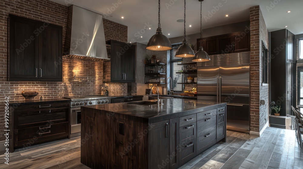 A modern industrial kitchen with dark wooden cabinets, stainless steel fixtures, and a large brick island with pendant lighting A modern industrial kitchen with dark wooden cabinets, stainless steel fixtures, and a large brick island with pendant lighting