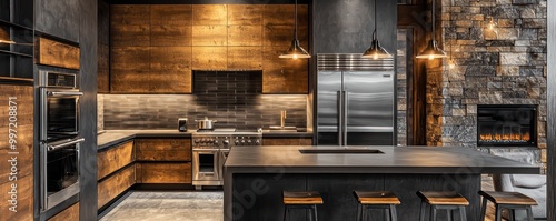 A modern industrial kitchen with charcoal-toned wood cabinets, a stainless steel island, and stone countertops illuminated by sleek pendant lights