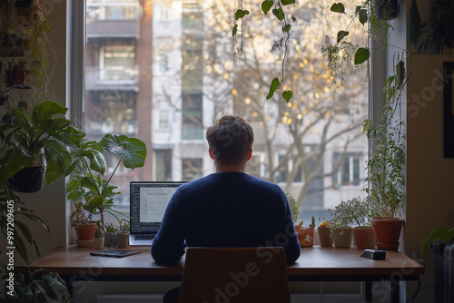 man Working Indoors at Desk with Laptop and Book