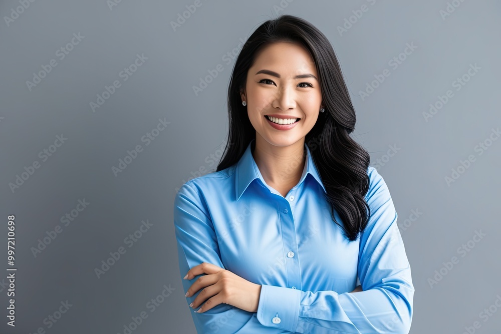 Confident Young Businesswoman in Blue Shirt Smiling Against Gray Background Confident Young Businesswoman in Blue Shirt Smiling Against Gray Background