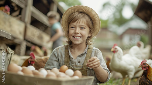  Happy boy with a straw hat holding a basket of eggs, standing on a farm among chickens, enjoying the rural life and learning the basics of farm work.