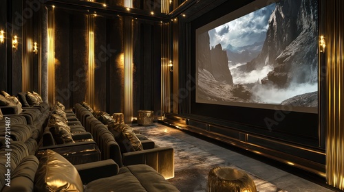 A plush home cinema with velvet tiered seating, gold accents, and a large projection screen Ambient lighting and soundproof walls enhance the movie-watching experience photo