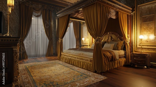 A regal guest room featuring a canopy bed with gold and velvet details, rich draperies, and soft, ambient lighting An opulent rug covers the hardwood floor