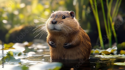 Close-up Portrait of a Nutria in a Pond